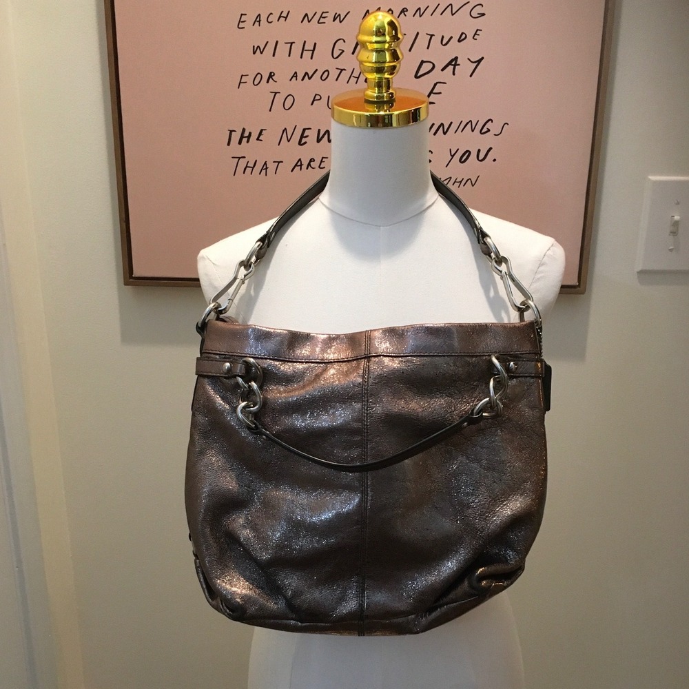 Coach Metallic Pewter Leather Hobo Shoulder Bag Silver‎ Chain Hardware Slouchy